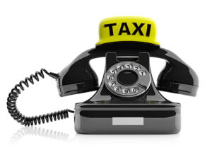 London taxi concept. Vintage phone and taxi sign on white. 3d illustration